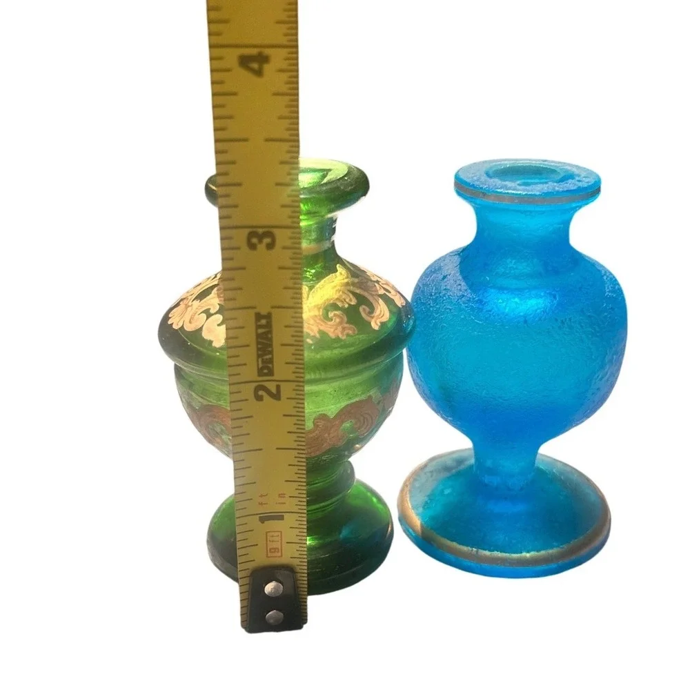 Vintage Miniature Glass Bud Vases Gold Filigree Green Frosted Blue Set of 2